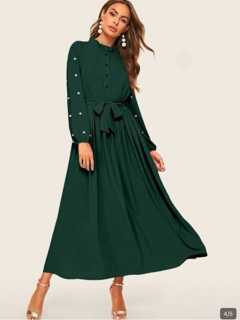 SHEIN Dark Green Pearl-Trim Maxi Dress with Waist Tie
